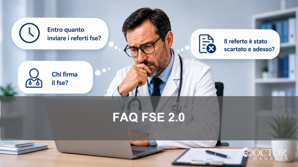 Medico davanti al computer con dubbi sulla gestione del Fascicolo Sanitario Elettronico FSE 2.0 e dei referti digitali.